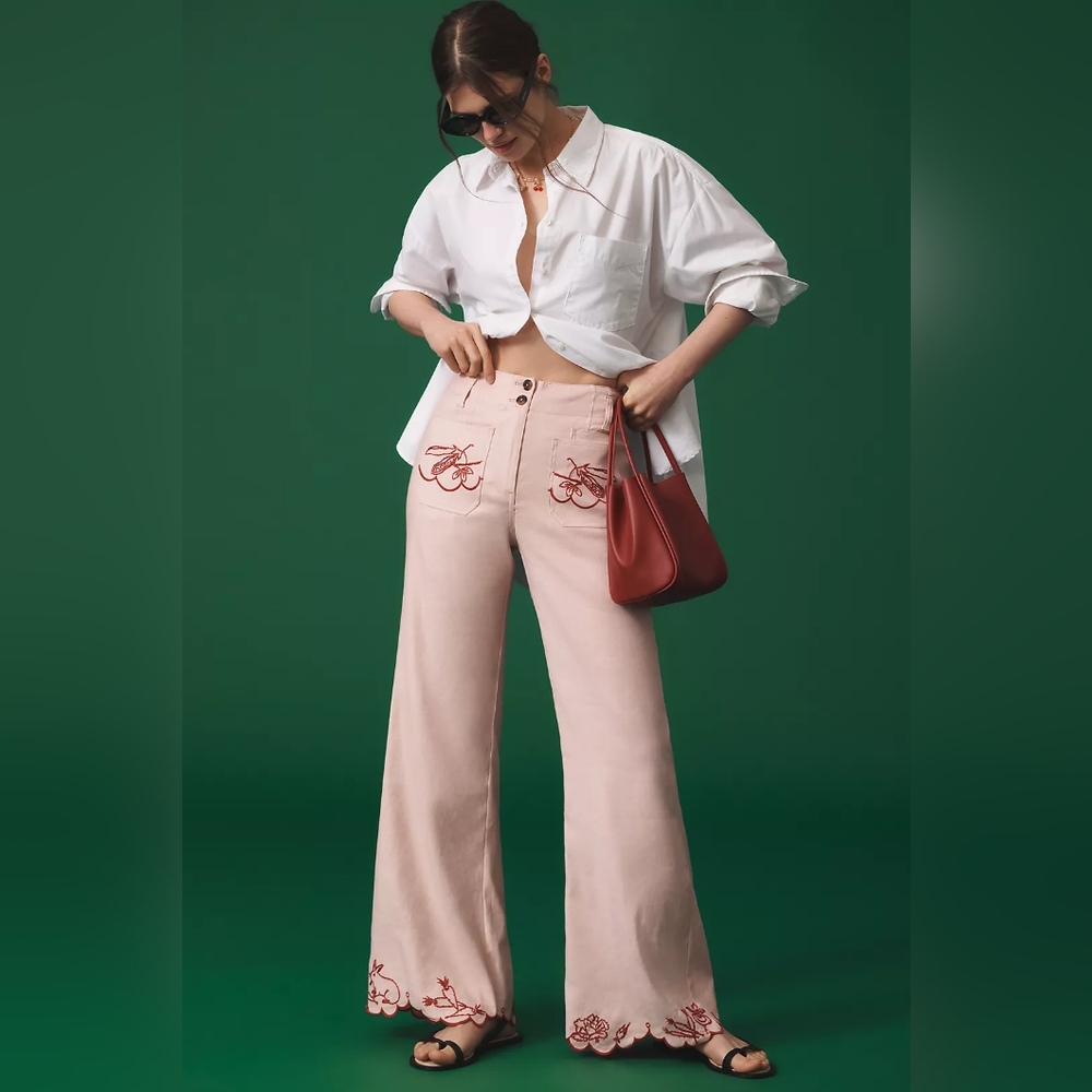 Maeve Pink Wide-Leg Pants with Red Embroidery